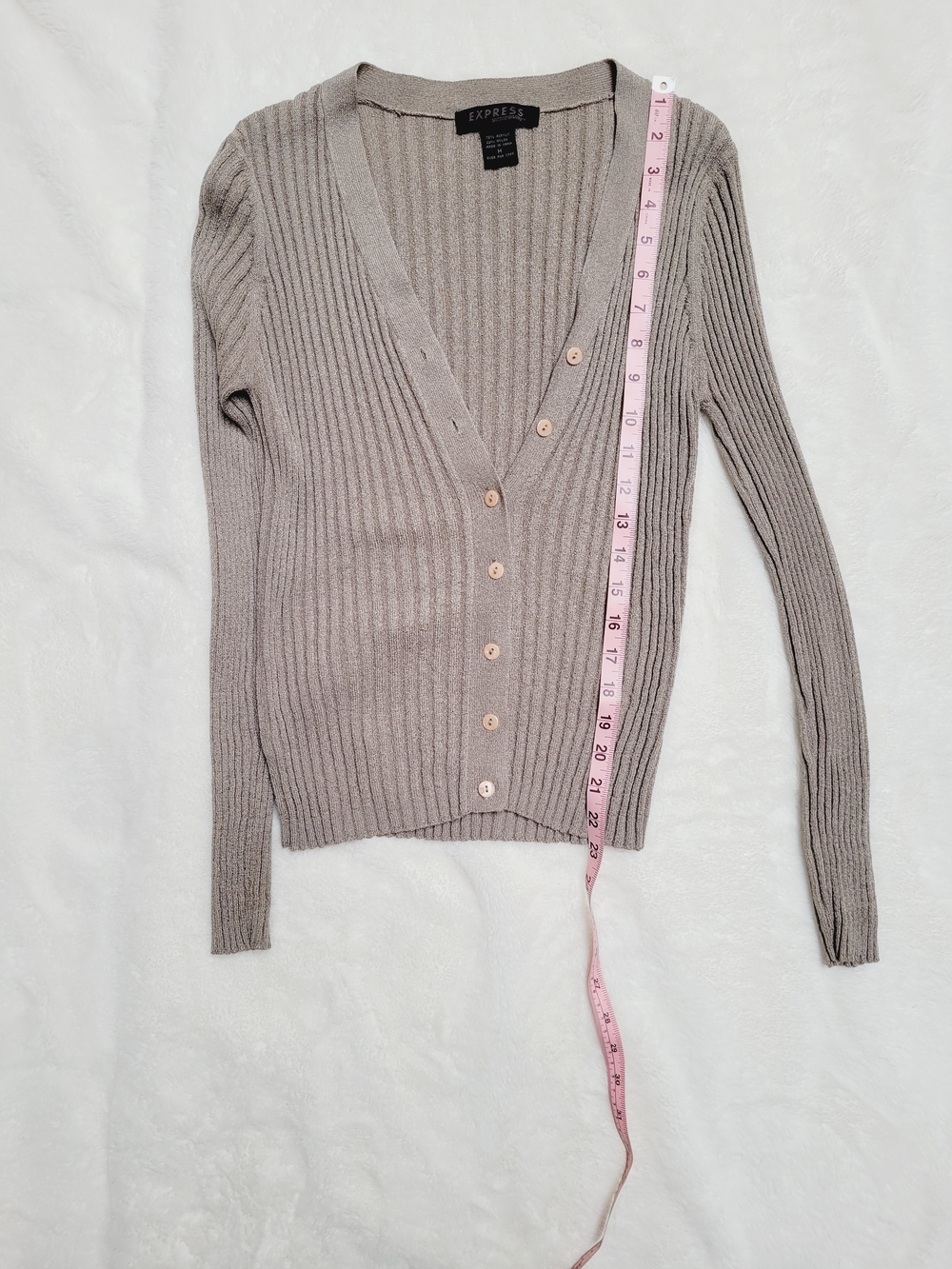 Express Ribbed Button-Up Cardigan in Taupe - Picture 4 of 5